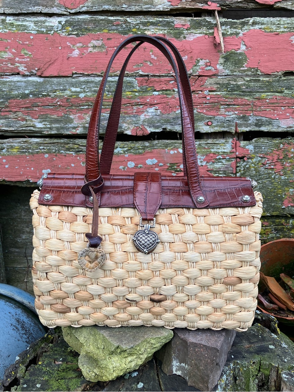 Brighton Natural Straw Tote with Brown Leather Trim and Heart Charm